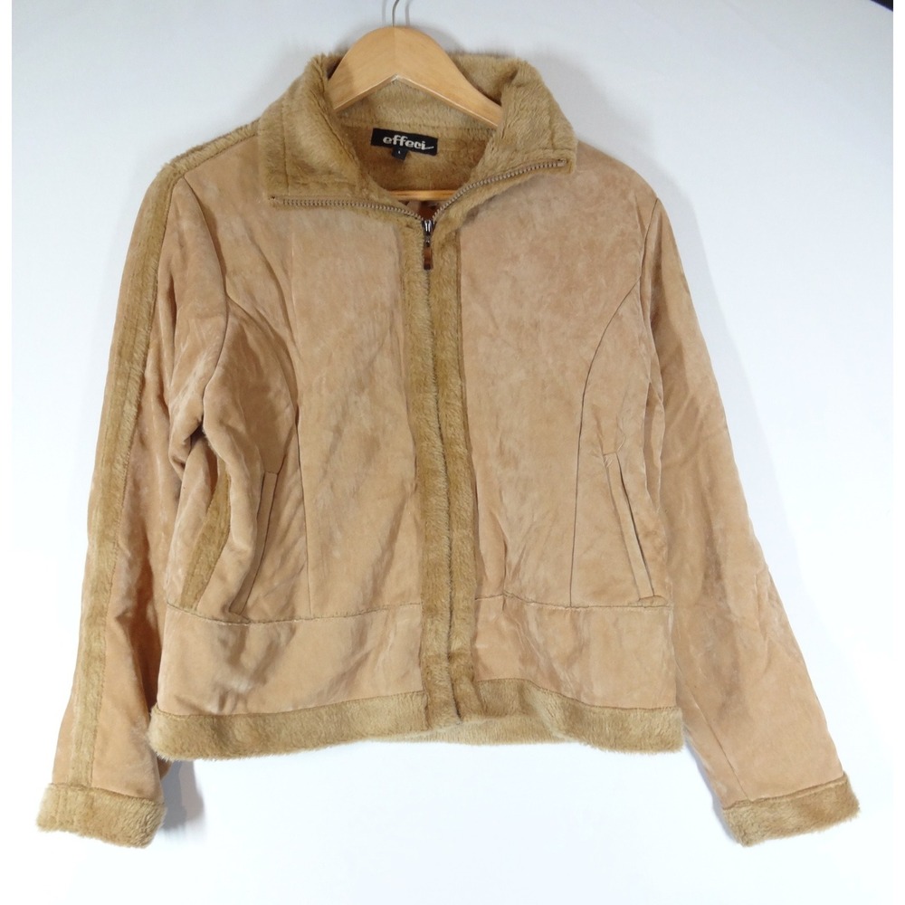 Effeci Faux Fur Suede Jacket Womens Large Tan Vintage Style Shearling